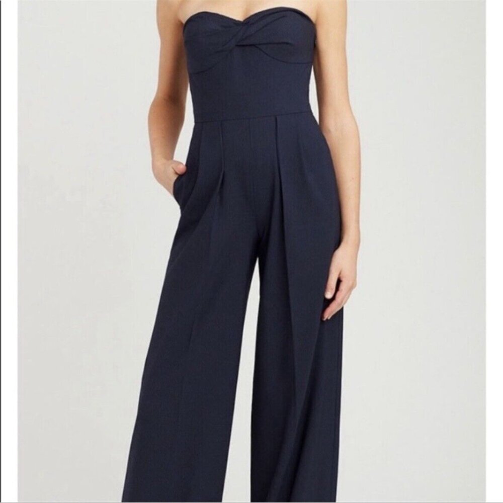 Carlisle NY Garrett Strapless Jumpsuit (Sz 14) Navy Pinstripe Wool Wide Leg FLAW